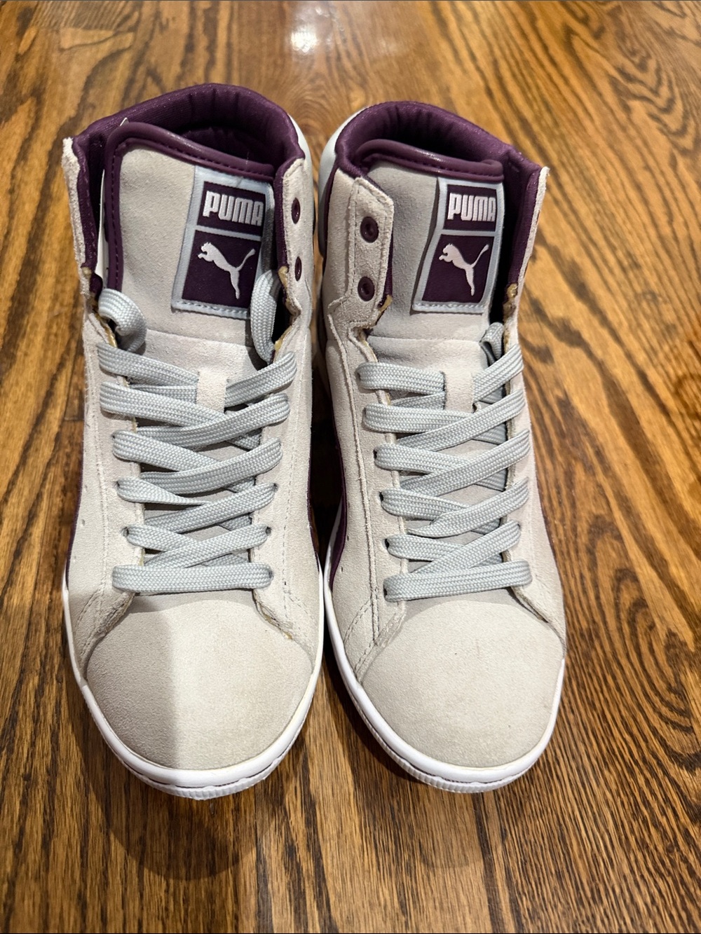Puma Women's High-Top Sneakers in Light Gray and Plum Accent